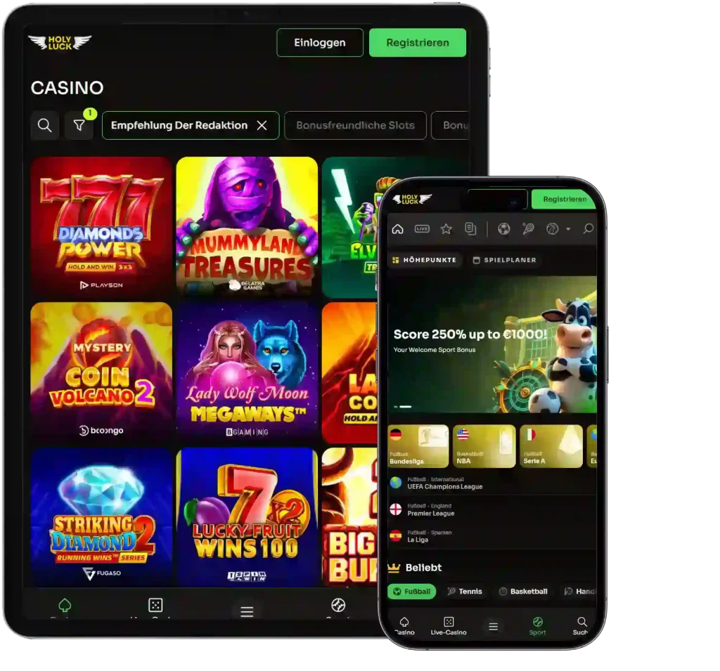 Holyluck Casino mobile Version auf Smartphone und Tablet mit Slot Spielen und Sportwetten