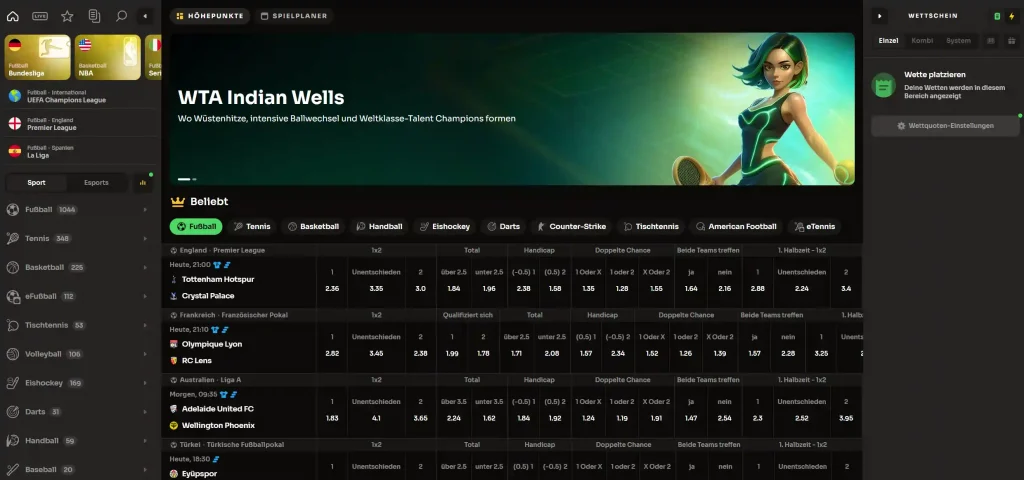 Holyluck Casino Sportwetten Bereich mit Fußball Wettquoten und Live Märkten