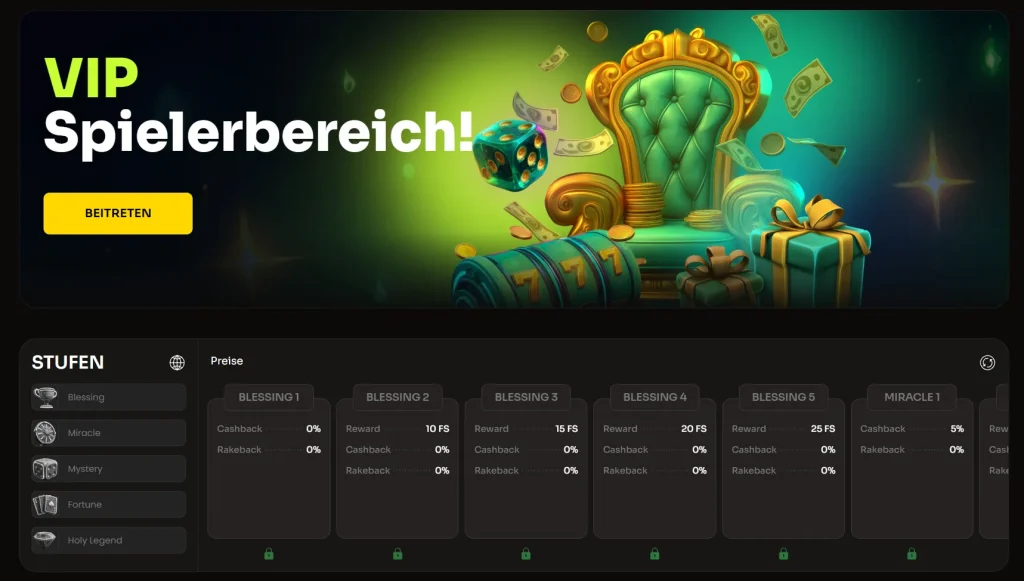 Holyluck Casino VIP Programm mit Spielerleveln und Cashback Belohnungen